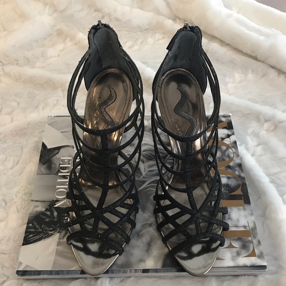 Nina Black Metallic Strappy High Heel Sandal